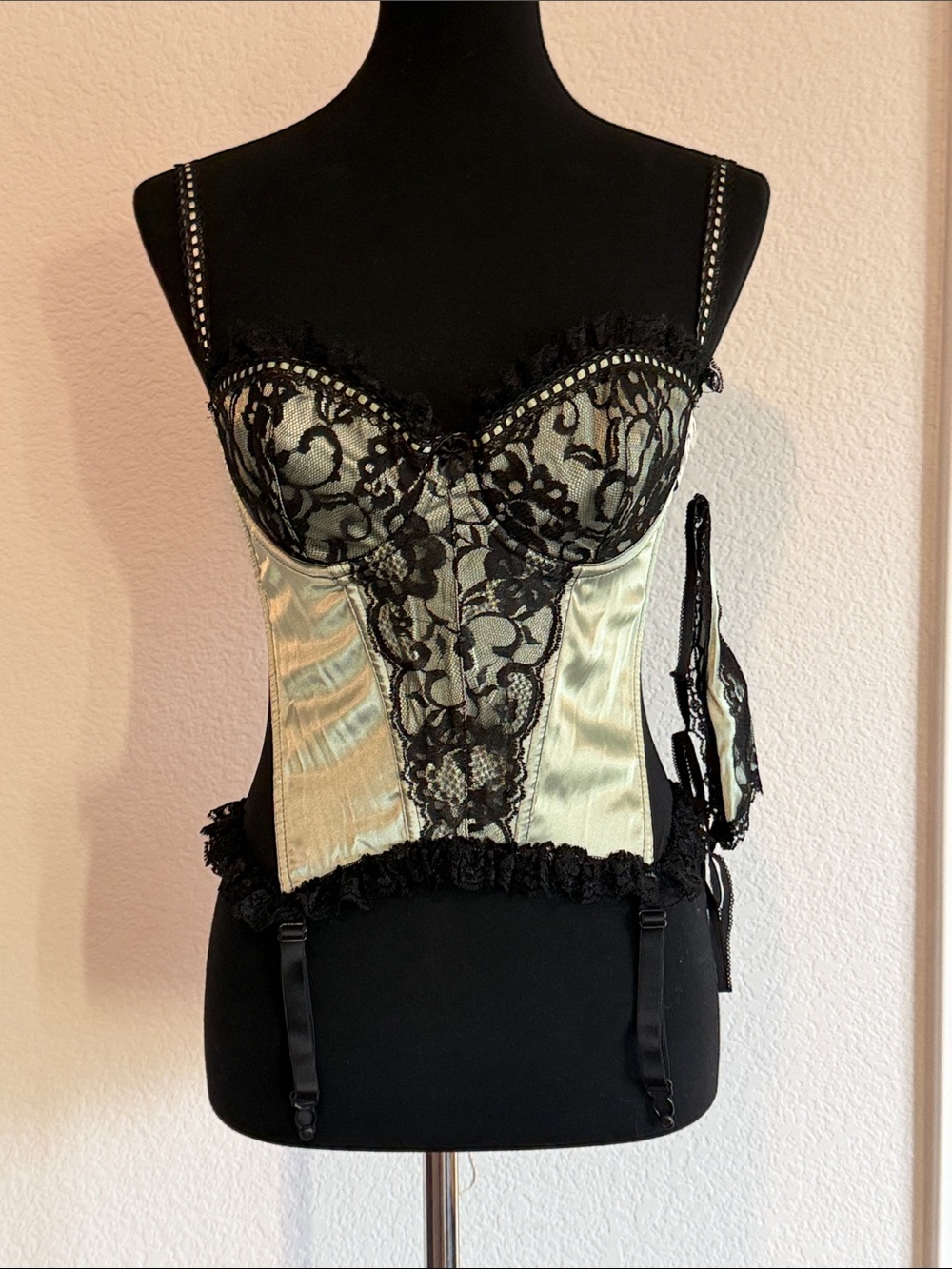 Frederick's of Hollywood Black & Pale Green Lace-Trim Satin Bustier Vintage